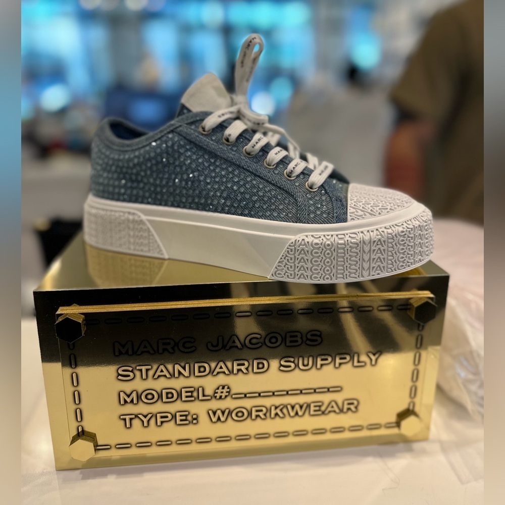 NIB! NEW! Marc Jacobs Monogram The Sneaker Denim Crystal Platform Sneakers Women